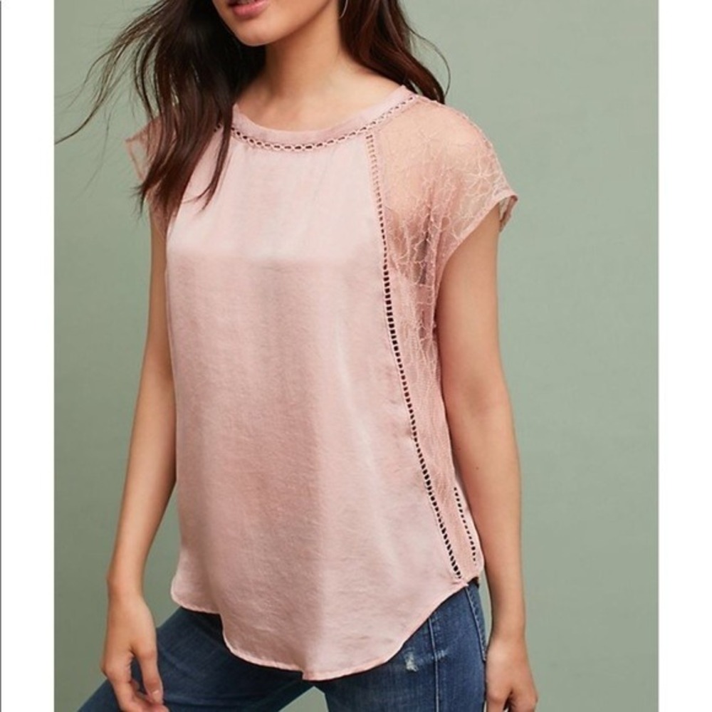 Feather‎ Bone by Anthropologie Pink Lace Trimmed Satin Cap Sleeve Top Women M
